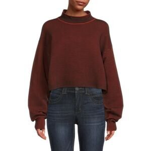 Good American Mockneck Oversized Burgundy Wine Cotton Ribbed Crop Sweater Medium